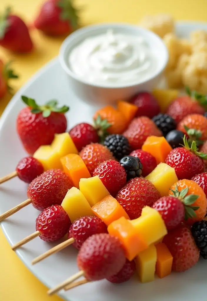 25 Healthy Snack Recipes Easy and Delicious 111 25 Healthy Snack Recipes Easy and Delicious - 17. Fruit Skewers with Yogurt Dip