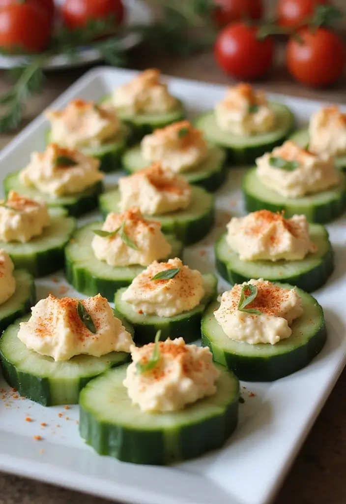 30+ Healthy Christmas Snack Recipes for Parties and Holiday Food Tables 71 30+ Healthy Christmas Snack Recipes for Parties and Holiday Food Tables - 11. Cucumber Bites with Hummus