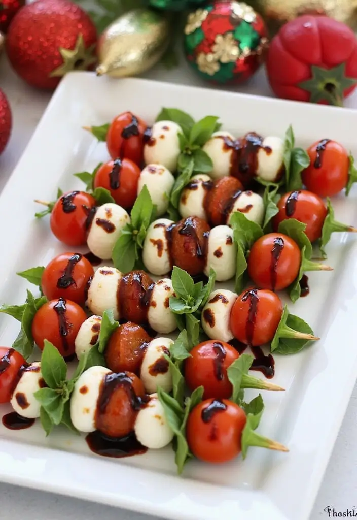 30+ Healthy Christmas Snack Recipes for Parties and Holiday Food Tables 43 30+ Healthy Christmas Snack Recipes for Parties and Holiday Food Tables - 7. Caprese Skewers with Balsamic Glaze